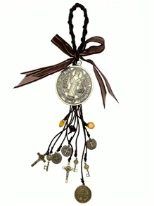 BONITTER Antique Silver Cross Charm Plating Saint Benedict Medal Protection Blessing Charm Catholic Golden San Benito Medalla Handmade Easter Day's Gift Car Hanging Charm For Men Women