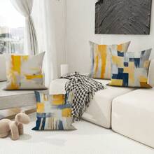 4PCS Geometric Stripe Plaid Mustard Yellow Blue Gray Polyester Throw Pillow Covers, Modern Abstract Neutral Tie Dye Pillow Covers, Decorative Cushion Covers 45*45Cm/18 "X18" For Living Room Bedroom Sofa Bed Decoration