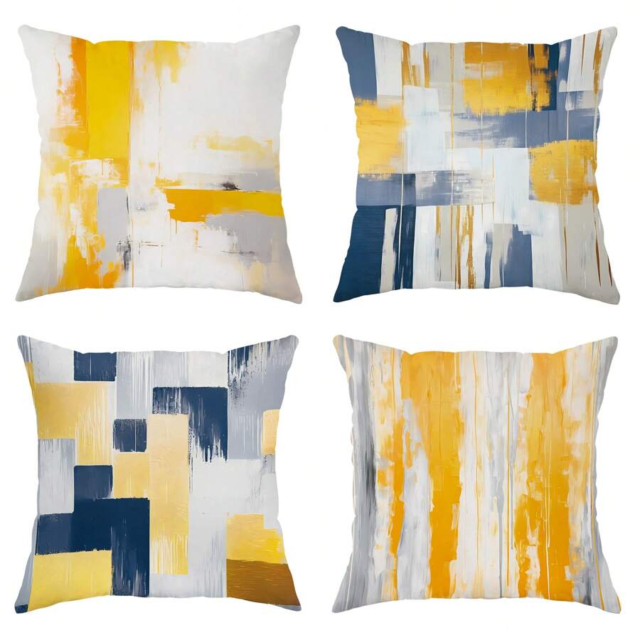 4PCS Geometric Stripe Plaid Mustard Yellow Blue Gray Polyester Throw Pillow Covers, Modern Abstract Neutral Tie Dye Pillow Covers, Decorative Cushion Covers 45*45Cm/18 "X18" For Living Room Bedroom Sofa Bed Decoration