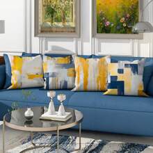 4PCS Geometric Stripe Plaid Mustard Yellow Blue Gray Polyester Throw Pillow Covers, Modern Abstract Neutral Tie Dye Pillow Covers, Decorative Cushion Covers 45*45Cm/18 "X18" For Living Room Bedroom Sofa Bed Decoration