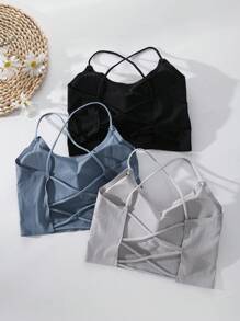 3pcs Seamless Wireless Cross Back Bra, Solid Color, Lingerie - Multicolor - View 2