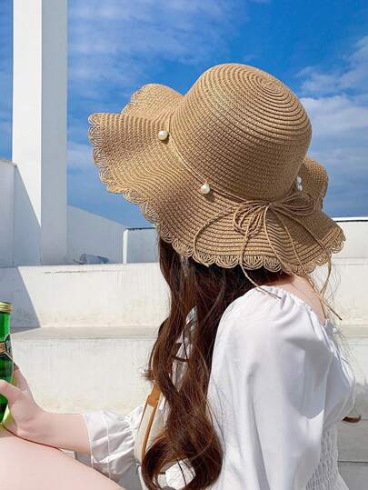 Boho 1 pieza Sombrero de paja de verano con borde ondulado pequeño y fresco, versión coreana con todas las perlas para protección solar en playa de ocio