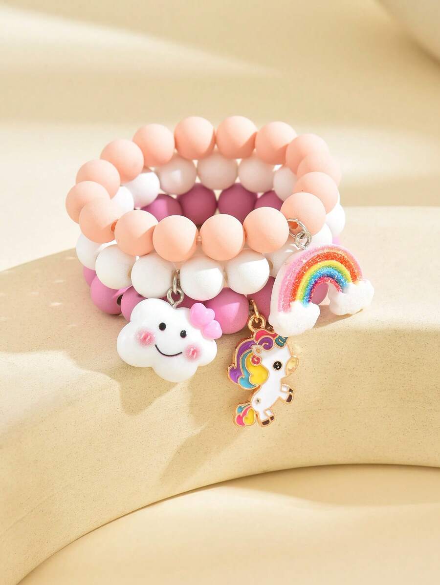 3入組實色簡約風彩虹雲和獨角獸珠子手鍊套裝,適用於女孩日常佩戴 - 彩色 - 查看 1