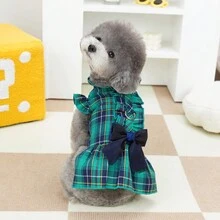 春/夏季蕾絲連衣裙寵物胸帶裙寵物服飾貓/狗公主裙娃娃裙新款春/夏季萬用裙狗衣服泰迪狗衣服時尚公主裙胸帶扣輕便服新款格紋蝴蝶結裙 - 綠色 - 查看 13