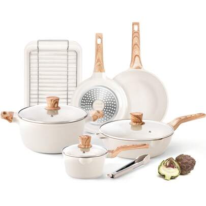 RIOVARM-EU Conjunto de panelas e frigideiras de indução RIOVARM, conjunto de panelas de granito com revestimento antiaderente e tampa, conjunto de panelas sem PFOA com cabo de madeira, frigideira, caçarola, assadeira