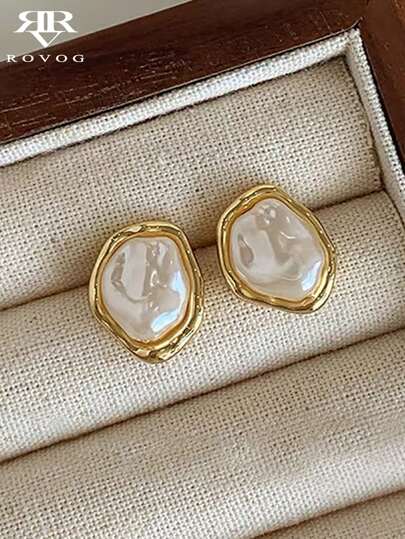 1pair French Asymmetrical Geometric Fashionable Simple Sweet Personalized Faux Pearl Stud Earrings For Women, Daily Wear