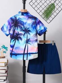 Tween Boy Casual Vacation Sunset Scenery Printed Short Sleeve Polo Shirt And Solid Color Shorts Set, Spring/Summer
