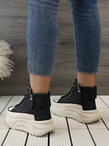 2025 New High-Top Casual Shoes For Women, Round Toe Side Zip, Thick Sole Platform, Sporty Street Style, Spring/Autumn - Black - View 6