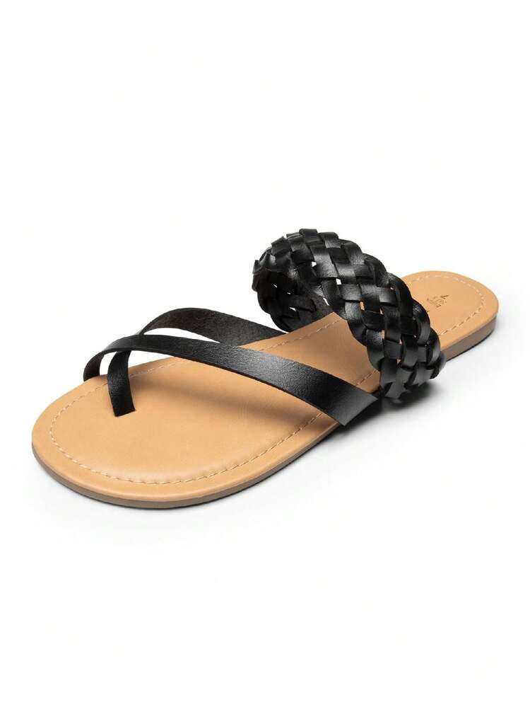 Women's Slide Sandals Flip Flops Slip On Leather Braided Casual Cross Band Thong Slide Beach Walking Vacation Summer Flat Sandals - 黑色 - 查看 3