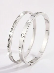 Camhanno 2 piezas de pulsera delicada y elegante, versátil y de alta gama de acero inoxidable con relieve + pulsera de rhinestones adecuada para uso diario y de vacaciones para novias - Plateado - Ver 11