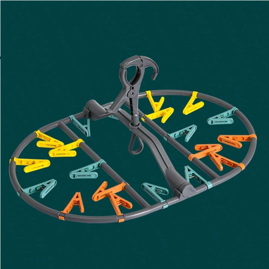 1pc Foldable Windproof Clothes Drying Rack, Elliptical Plastic Laundry Hanger With 20 Clips, Rotatable And Stackable - Grey - View 1