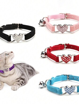 1pc Pet Collar With Rhinestone Heart & Bell Decoration, Cat Collar