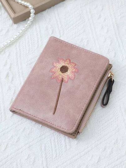 Cartera corta de mujer con diseño de girasol de dos pliegues, billetera, cartera pequeña