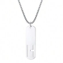 1pc Rectangle Tag English Letter Pendant Silver Tone 60cm Long Chain Necklace, Unisex - Silver - View 30