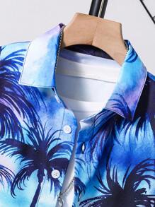 Tween Boy Casual Vacation Sunset Scenery Printed Short Sleeve Polo Shirt And Solid Color Shorts Set, Spring/Summer