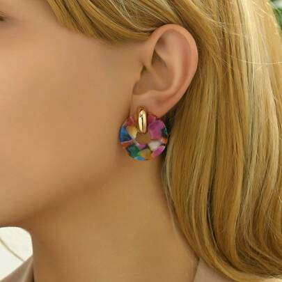 时尚多色圆形醋酸纤维拼布耳环，优雅耳钉/耳坠，适合女性、度假、礼物、日常佩戴