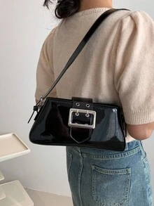 Yogodlns 明亮的銀色長條包實色腋下包 Y2k 簡約銀色肩袋萬能腋下包 專利皮手提包 - 黑色 - 查看 3