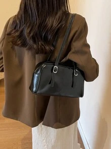 女士时尚简约风格单肩包，采用上蜡油亮牛皮制成，时尚日式包 - 黑色 - 查看 2