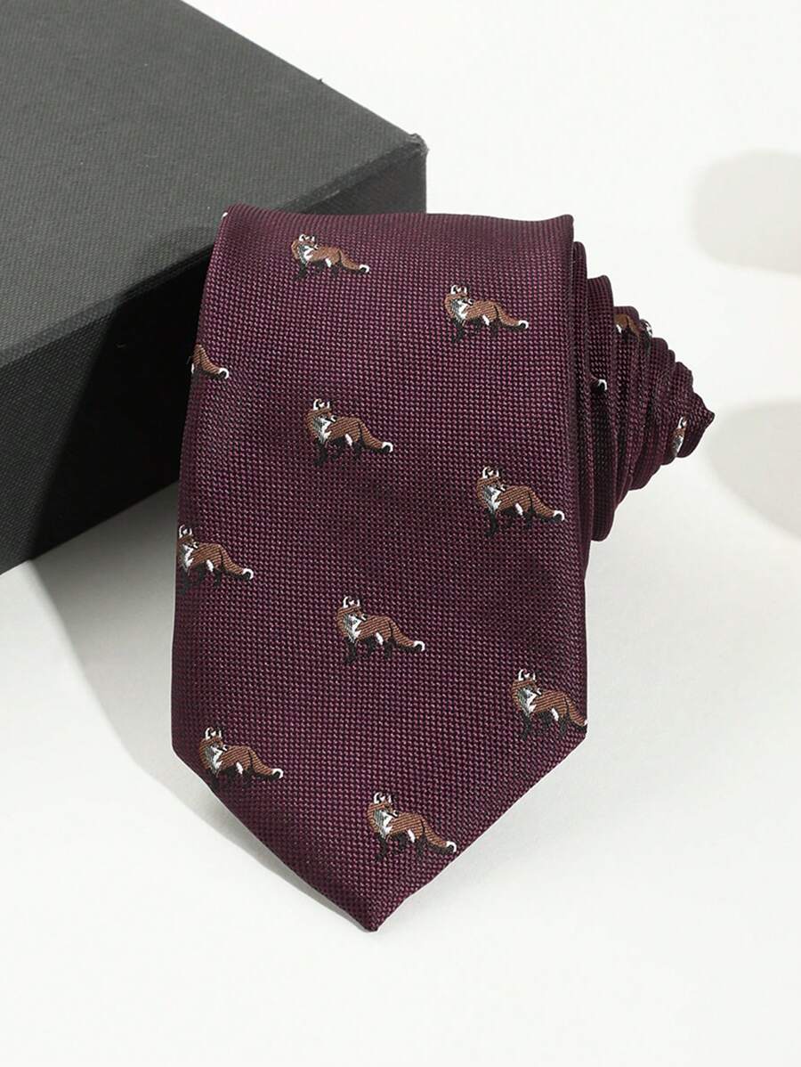 1pc Men's Fashionable Fox Patterned Thick Necktie For Fun Animal-Lovers, Suitable For Parties Or Gifts Casual - Red - View 1