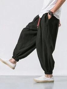 pantalones bombachos holgados de gran tamaño para hombre pantalón de chándal de lino con sobrepeso de marca informal de alta calidad - Negro - Ver 3