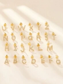 S925純銀26個字母和單個字母對稱耳環迷你名字簡約耳環,適用於女性和男性日常搭配 - 金黃色 - 查看 6