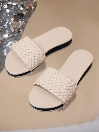 Teenagers' Weav Pu Strap Sturdy Slip-Resistant Round Toe Flat Fashion Slippers For Outdoor, Beach, Holiday In Summer