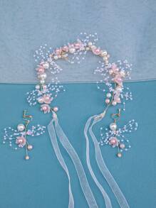 3pcs/Set Women's Elegant Faux Pearl & Flower Design Hairband, Earrings And Handmade Spring Headwear For Princess Dress, Travel, Party, Bridal Wedding Accessories Valentine's Day Valentines