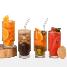 Ribbed Glass Cups With Straws 11oz, Drinking Glasses ,Ribbed Glassware, Cocktail Glasses - White - View 4