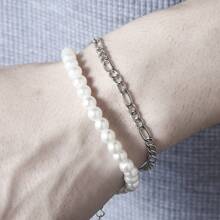 Pulseira De Corrente De Pérola Falsa Em Estilo Ins Para Homem E Mulher Casal Acessórios De Mão De Hip-hop - Prata - Ver 5