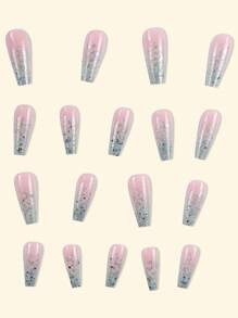 24 piezas de uñas postizas degradadas con purpurina rosa y plateada en forma de ataúd largo, estilo dulce, elegante y lindo, uñas postizas removibles con kit de adhesivo y lima para uñas, adecuadas para festivales, fiestas, citas y uso diario, viene con 24 piezas de pegamento de gelatina y lima para uñas, suministros de uñas uñas falsas uña falsa uña acrílica - Rosa coral - Ver 2