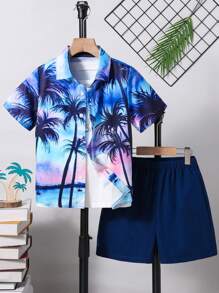 Tween Boy Casual Vacation Sunset Scenery Printed Short Sleeve Polo Shirt And Solid Color Shorts Set, Spring/Summer
