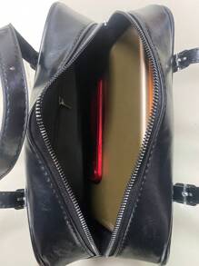 女士时尚简约风格单肩包，采用上蜡油亮牛皮制成，时尚日式包 - 黑色 - 查看 6