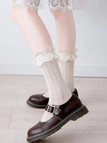 Lolita Phong cách Nhật  Ren hoa Xu hướng: Cắt giảm Dễ thương Tim Giữa bắp chân Vớ Và Ren Ngắn Vớ - Màu be - Xem 3