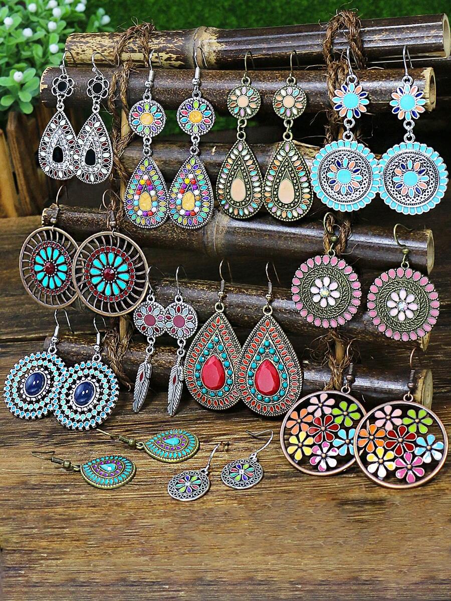 TopHanqi 12 Cặp Hoa tai dạng lủng lẳng phong cách Bohemian kỳ nghỉ cổ điển với những giọt tròn và hoa, thủ công sơn dầu nhiều màu dành cho phụ nữ đeo trong cuộc sống hàng ngày, công việc, du lịch, tiệc tùng, lễ kỷ niệm, v.v. Thanh lịch, đáng yêu và sống động, phù hợp với trang phục thường ngày, phong cách đường phố và đi làm ngày lễ tình nhân - Nhiều màu - Xem 1