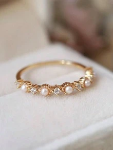 1只仿珍珠復古戒指,s925純銀高雅輕奢精品珠寶,適合作為女孩禮物出席晚會 - 金色 - 查看 9