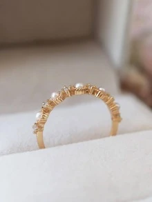 1只仿珍珠復古戒指,s925純銀高雅輕奢精品珠寶,適合作為女孩禮物出席晚會 - 金色 - 查看 4