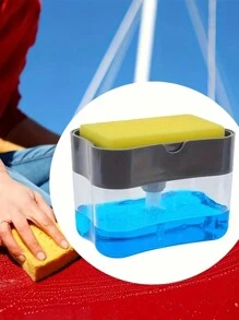 1pc Kitchen Cleaning Liquid Dispenser With Press Button And Sponge, Plastic Material - Black - View 1