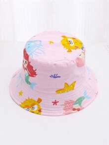 1pc Princess Pink Children's Bucket Hat With Cartoon Mermaid Pattern, Suitable For Toddler Girls For Outdoor Activities, Beach, Sun Protection - Pink - View 5