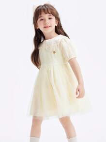 Balabala Young Girl Dresses Summer Sweet Fluffy Mesh Crew Neck And Puff Sleeves Princess Dresses Beige - Beige - View 3