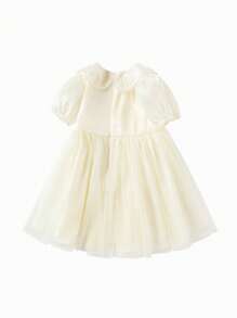 Balabala Young Girl Dresses Summer Sweet Fluffy Mesh Crew Neck And Puff Sleeves Princess Dresses Beige - Beige - View 5