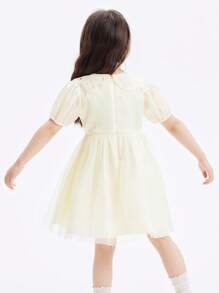 Balabala Young Girl Dresses Summer Sweet Fluffy Mesh Crew Neck And Puff Sleeves Princess Dresses Beige - Beige - View 2