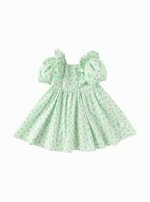 Balabala Girls' Summer Dress New Fashion Princess Dress Sweet Bubble Sleeve Floral Print - Green - View 1