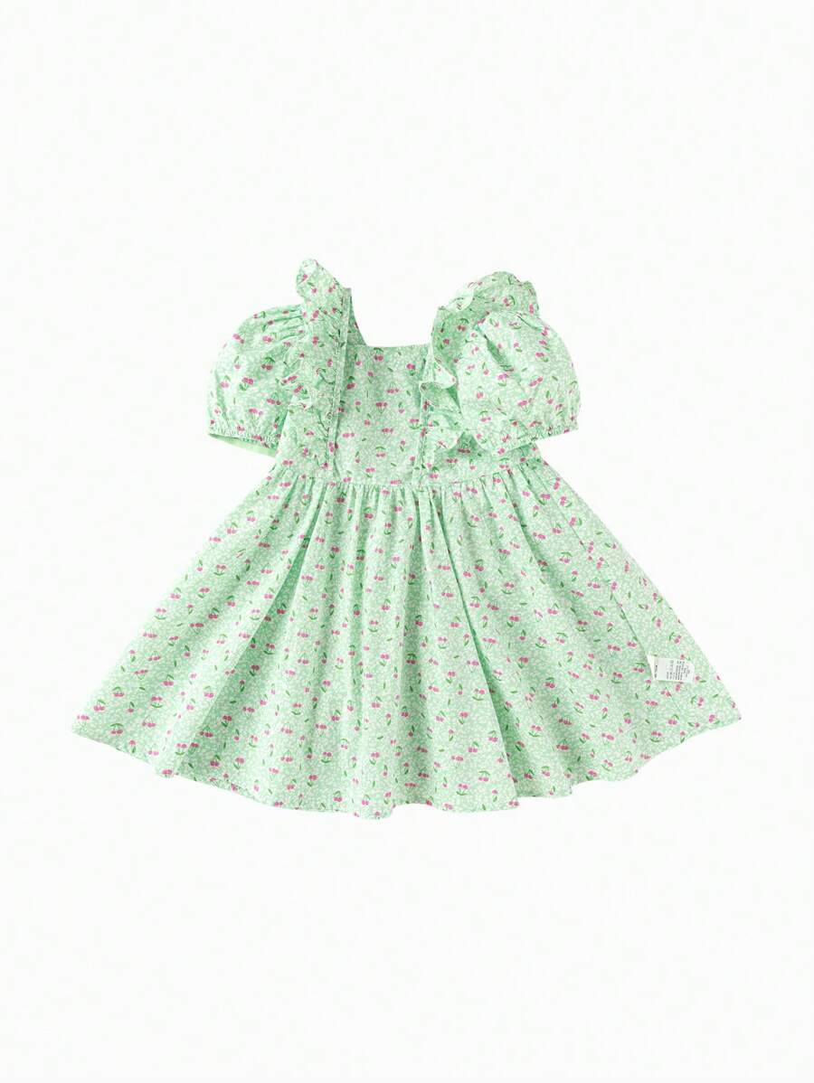 Balabala Girls' Summer Dress New Fashion Princess Dress Sweet Bubble Sleeve Floral Print - Green - View 1