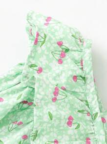 Balabala Girls' Summer Dress New Fashion Princess Dress Sweet Bubble Sleeve Floral Print - Green - View 3