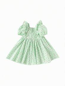 Balabala Girls' Summer Dress New Fashion Princess Dress Sweet Bubble Sleeve Floral Print - Green - View 2