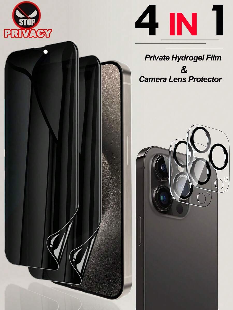 [4 Pack] 2 Pcs Privacy Soft Hydrogel Film (Not Tempered Glass) + 2 Pcs Camera Lens Protective Film Compatible With IPhone