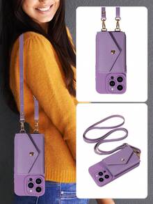 1 Ốp lưng điện thoại da PU có dây đeo vai đa năng có khe cắm thẻ tương thích với iPhone 17 Pro Max, 17 Pro, 17 Air, Redmi - Màu tím - Xem 2