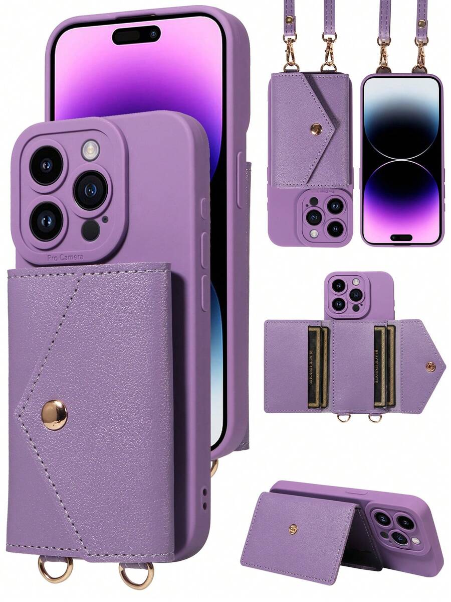 1 Ốp lưng điện thoại da PU có dây đeo vai đa năng có khe cắm thẻ tương thích với iPhone 17 Pro Max, 17 Pro, 17 Air, Redmi - Màu tím - Xem 1