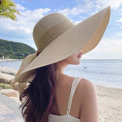 Boho Women's Beach Straw Hat With Extra Wide Brim, Sun Protection, Vacation Style, Outdoor Fashionable Bow Valentine's Day Valentines