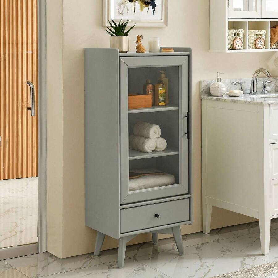 Modern Bathroom Storage Cabinet & Floor Standing Cabinet With Glass Door With Double Adjustable Shelves And One Drawer, Extra Storage Space On Top, White(19.75"*13.75"*46") - 灰色 - 查看 1